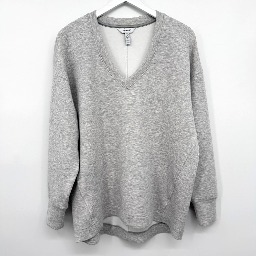 Spanx Air Essentials Brushed V-Neck Tunic Sweatshirt Large Gray Pullover Neutral